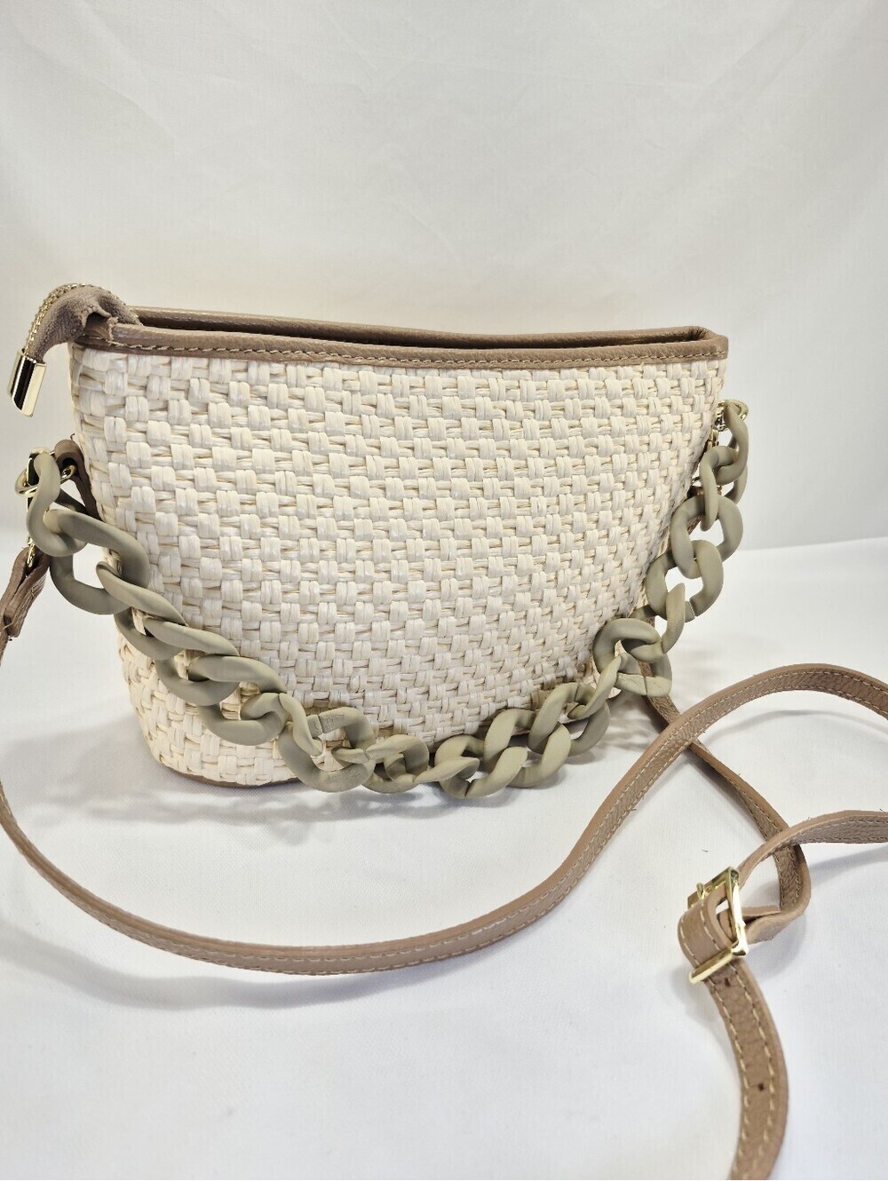 Stella Bianca Crossbody Raffia Leather Purse Plastic Chain Handle/Strap ITALY